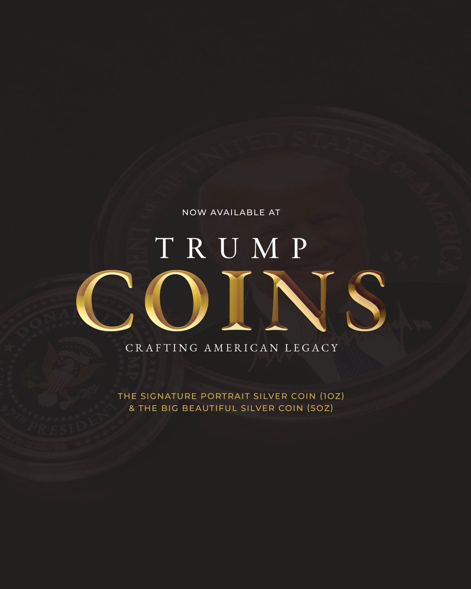 Trump's tweet image. Introducing the Signature Portrait Silver Coin (1oz) and the Big Beautiful Silver Coin (5oz) — stunning .999 fine silver medallions featuring a bold, full-color tribute to American leadership and patriotic legacy.
Available now exclusively at RealTrumpCoins.com.