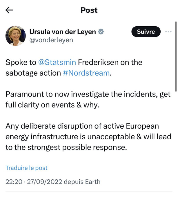 <a href="/itsmeback_/">Sabrina F.</a> #QuaestioLegitima

“Fu l’#Ucraina a bombardare #NordStream”                    
(rsi.ch/info/mondo/%E2…)

Danni incalcolabili per la #UE. La stessa #UE che ha stanziato 247+ MILIARDI di aiuti a #Kiev. Signora <a href="/vonderleyen/">Ursula von der Leyen</a> cosa ha fatto per tutelare gli interessi di noi europei?