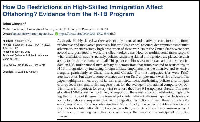 Good news for China, India and Canada:

"firms respond to restrictions on H-1B immigration by increasing foreign affiliate employment... particularly in China, India, and Canada. The most impacted jobs were R&amp;D- intensive."