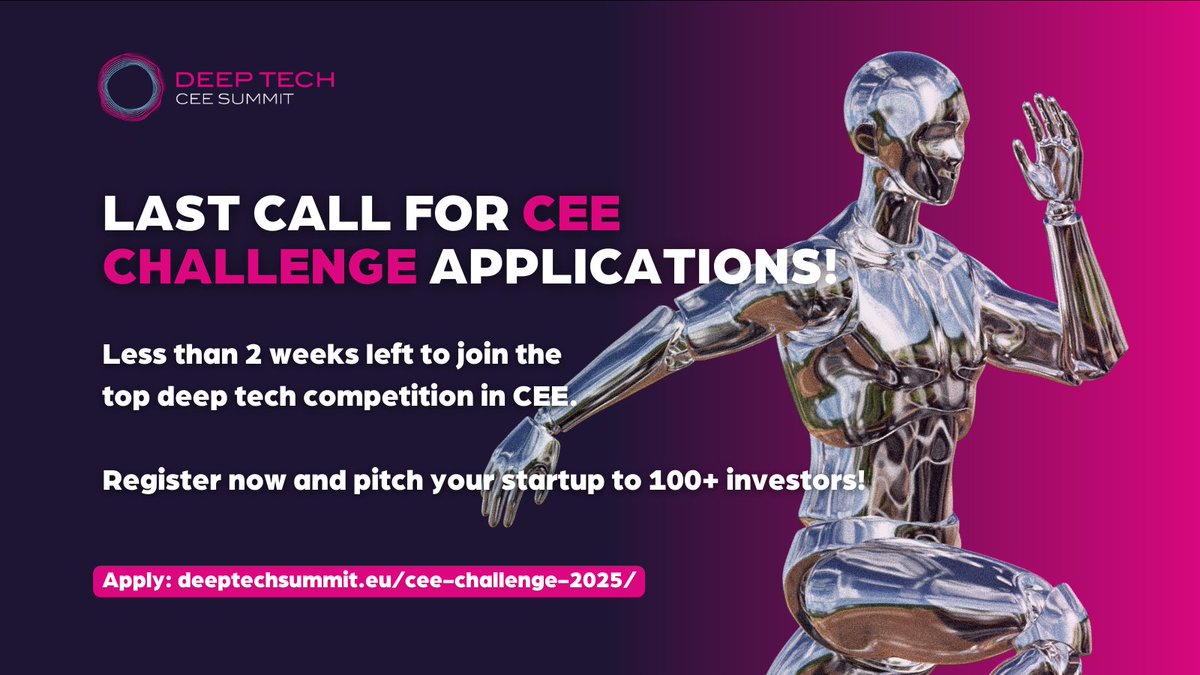 DeepTechCEE's tweet image. ⏰ LAST CHANCE! Deep Tech CEE Challenge 2025 applications close SOON!

Win 💰5000€, ✈️Hello Tomorrow Global Summit tickets, 🤝investor meetings &amp;amp; pitch on a global stage! Don&apos;t miss out!

👉 APPLY: deeptechsummit.eu/cee-challenge-…