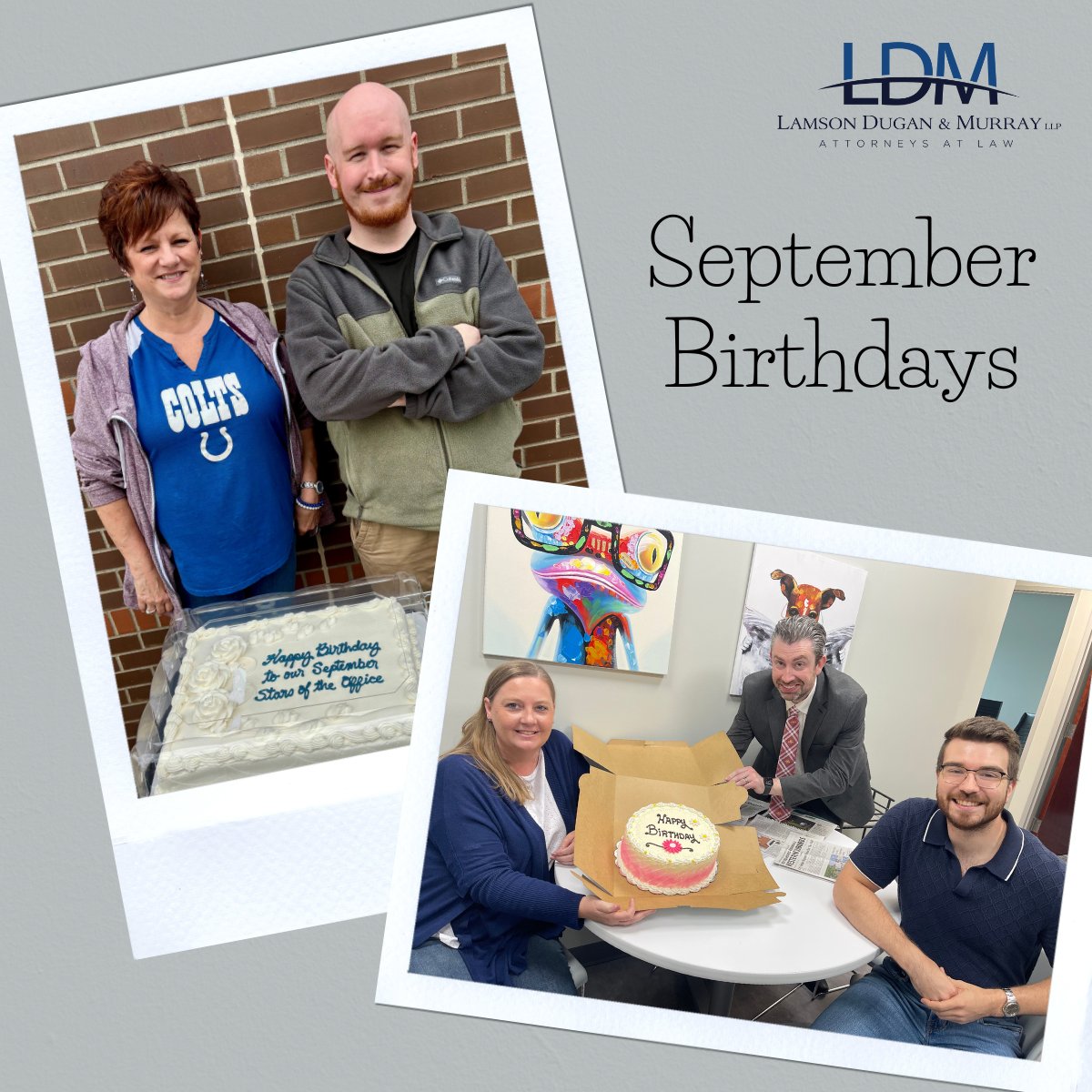 🎉 Cake in Omaha. Cake in West Des Moines.
That’s how we celebrate September birthdays at LDM! 🎂

Happy birthday to all our team members turning another year wiser this month.

#LDMlaw #TeamLDM #OfficeCulture #BirthdayVibes #SeptemberCelebrations