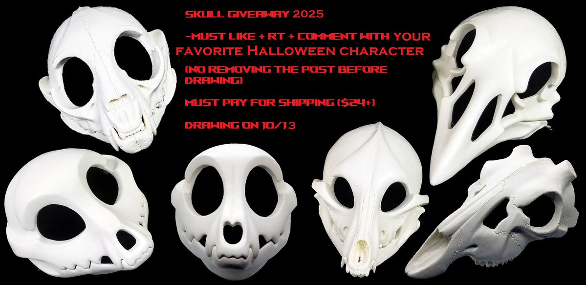 Like+RT+Comment on this ORIGINAL post your fav Halloween character! Cartoon, movie, comic, whatever! 1 winner will receive a skull of their choice, all you have to do is pay for shipping. Drawing on 10/13, good luck to everyone!🎃👻💀