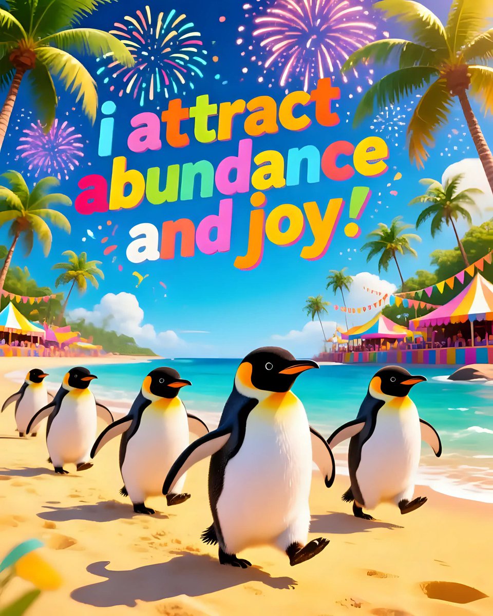 Ai Art Prompt Share Party 🎨👇

A group of adorable baby penguins waddling joyfully on a golden beach with tropical palm trees and a vibrant festival of fireworks above. The affirmation 'I attract abundance and joy' dances in bold, multicolored text. Pop art style, bright and
