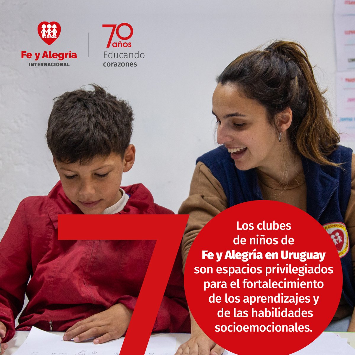 ¡70 años de Fe y Alegría en el mundo!
En #FeyAlegría Uruguay fortalecemos los aprendizajes y cultivamos habilidades socioemocionales en nuestros clubes de niños para acompañarlos en en su desarrollo integral.
❤️ #SomosFeyAlegría y nuestro compromiso es hacer educación.