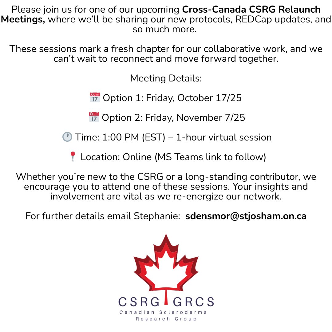 CSRG2022's tweet image. We’re excited to announce the relaunch of the Canadian Scleroderma Research Group (CSRG) — now redesigned with a new protocol and several important updates.

Whether you’re joining for the first time or returning as an active site, we look forward to having your team on board.