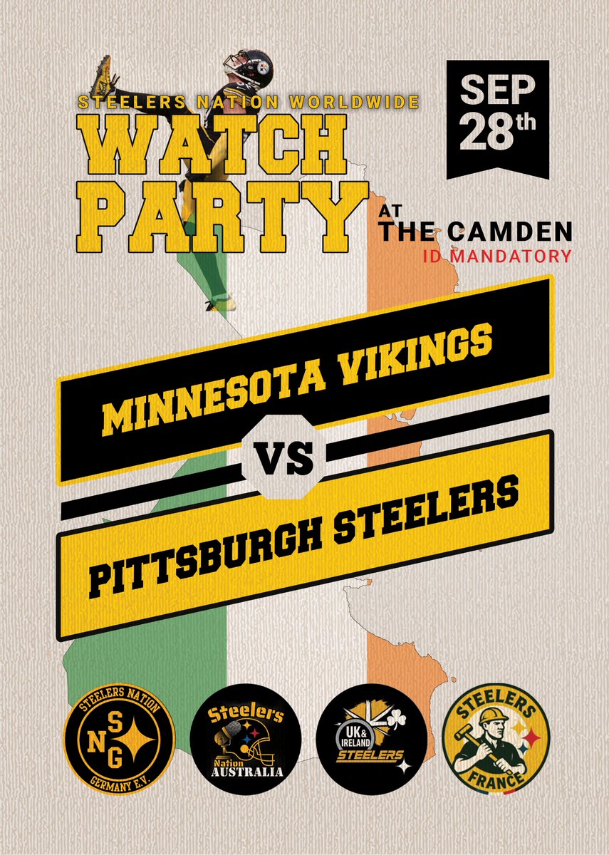Looking for a party in Dublin? - Steelers Nation Germany got you covered. 

Meet us at The Camden Sportsbar - our local headquarter for Sundays. 

🕙Starting at 10:30 AM
👨Up to 2000 Steelers Fans
📺Game and Redzone on 4x6 meter screen
🍔Special menu for the day
🎶Irish pub