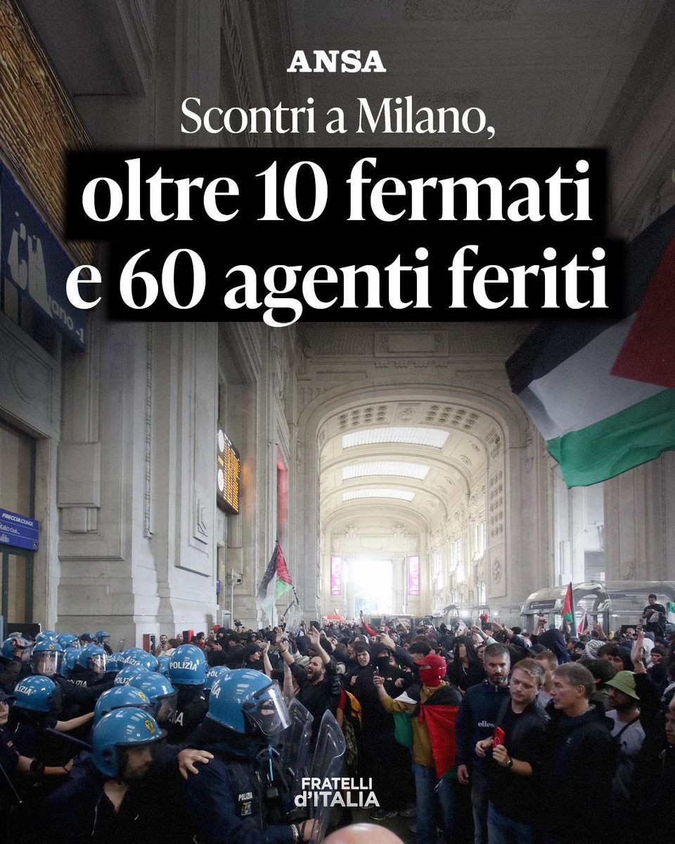 A Milano non c’è stata una manifestazione, ma una vera e propria guerriglia contro lo Stato: sessanta agenti feriti, ventitré dei quali finiti in ospedale.

Colpire le Forze dell’ordine e mettere a repentaglio la sicurezza delle nostre città non ha nulla a che vedere con Gaza.