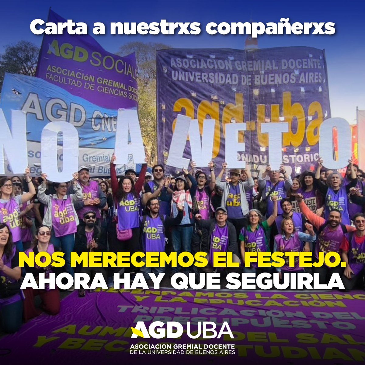 Carta a nuestrxs compañerxs:
Nos merecemos el festejo. Ahora hay que seguirla!
agduba.org.ar/nos-merecemos-…