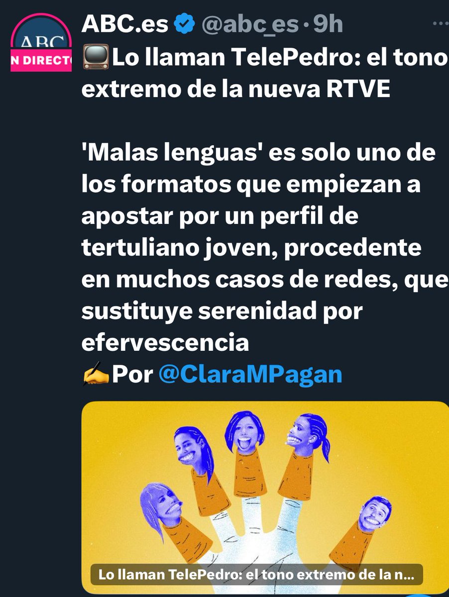 irezugasti's tweet image. Pues @abc_es ha elegido a 4 mujeres para atacar a #TVE y nos retrata como marionetas en los dedos de la mano de algún caballero.  No vaya a ser que pensemos por nosotras. 

Los adjetivos: “extrema”, “efervescente”, análisis “combativo”, periodismo de “consigna” e “ideología”.
🤠