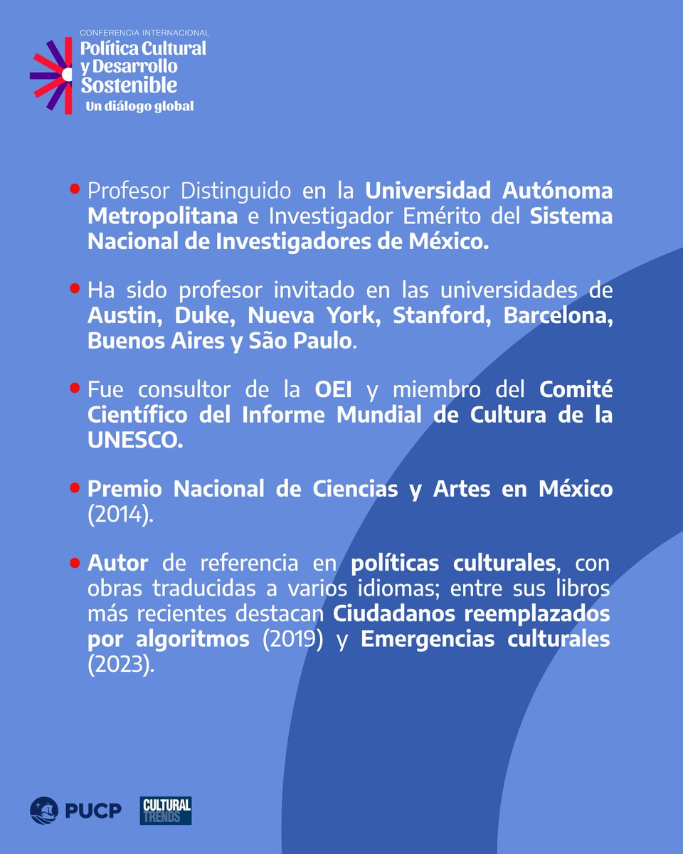 Escuela de Gobierno PUCP (@egobiernopucp) on Twitter photo 🎉¡Gran noticia! Néstor García Canclini estará en la Conferencia Internacional “Política Cultural y Desarrollo Sostenible: Un Diálogo Global”🌐 en la PUCP.
Gracias al <a href="/pebritish/">British Council</a> por hacerlo posible.
🌍Inscríbete aquí: bit.ly/466opwj
#DiálogoGlobalPUCP 🎉¡Gran noticia! Néstor García Canclini estará en la Conferencia Internacional “Política Cultural y Desarrollo Sostenible: Un Diálogo Global”🌐 en la PUCP.
Gracias al <a href="/pebritish/">British Council</a> por hacerlo posible.
🌍Inscríbete aquí: bit.ly/466opwj
#DiálogoGlobalPUCP