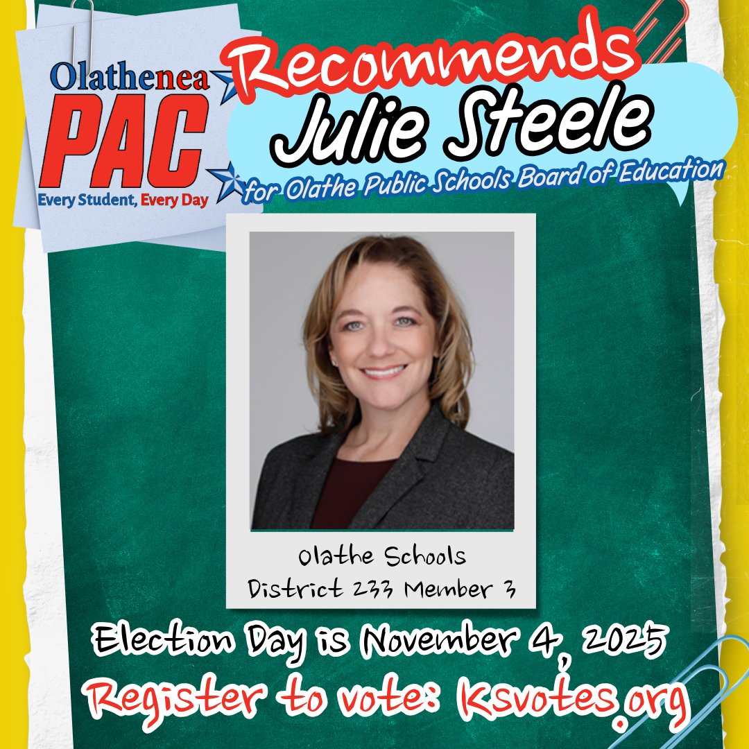 ONEA recommends Julie Steele as the education-friendly candidate in the upcoming Nov 4th general election for Olathe School Board Seat 3. Make sure you are registered to vote!  ksvotes.org now! We cannot and do not use dues dollars to advocate for candidates.
