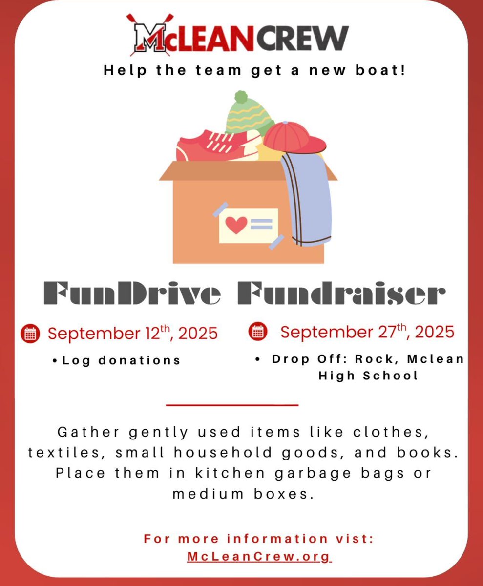 mcleancrewclub's tweet image. From closets to championships! 
👕📚 Donate to McLean Crew’s FunDrive &amp;amp; help us row stronger. 🚀

#McLeanCrew #RowTogether #Fundrive #CrewLife #TeamworkOnWater #SupportTheRowers #StrongerTogether