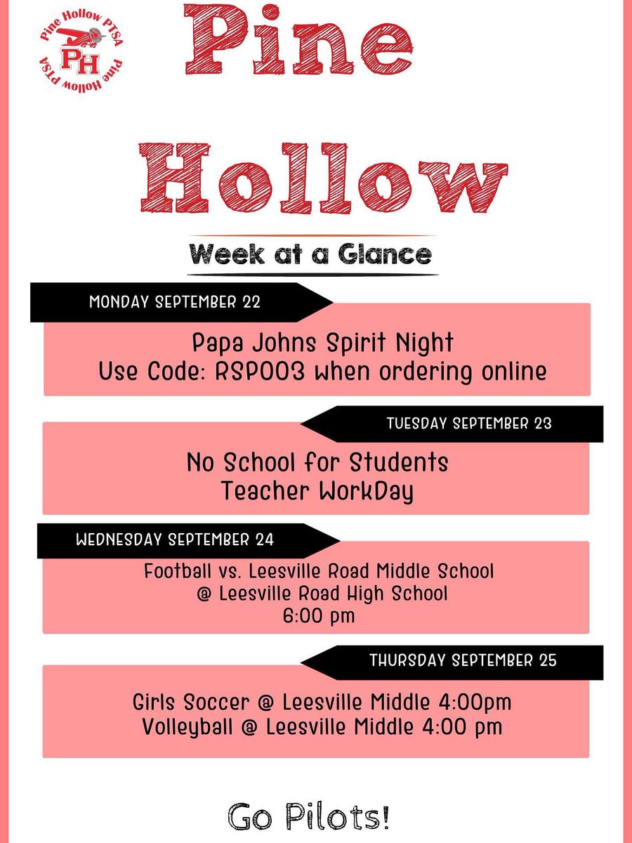 PHMSPTSA's tweet image. Busy week at PH. Don&apos;t forget tonight is Spirit Night at Papa Johns. Order online and use the Code listed below.
✈️
Tomorrow- No School.