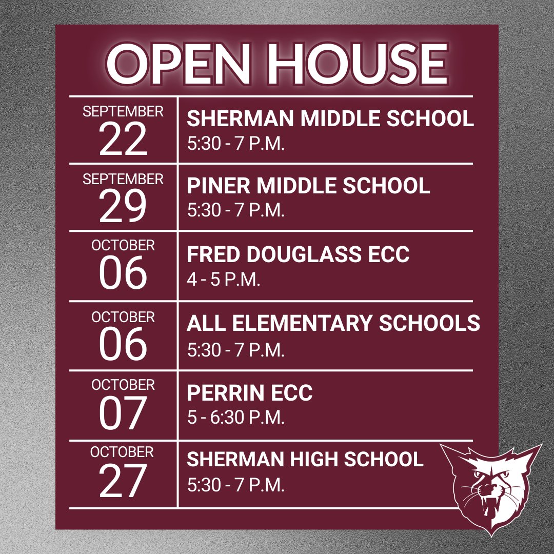 Sherman schools are excited to welcome families for Open House! 🐾🏫 Save the dates below and make plans to visit your child's campus, beginning with Sherman Middle School this evening!