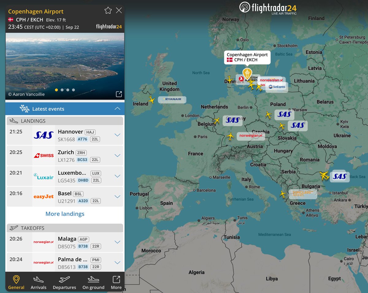 Per the latest update via Eurocontrol, Copenhagen Airport will remain closed through 0700 UTC 23 Sep. 50 flights have been canceled so far, 50 flights have been diverted, and approximately 20 further flights are likely to divert over the coming hours. flightradar24.com/airport/cph