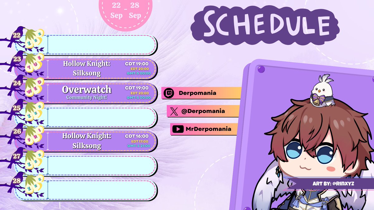 🕊️📺Stream Schedule for Sept. 22nd - 28th📺🕊️

Moving onto Hollow Knight: Silksong playthrough!