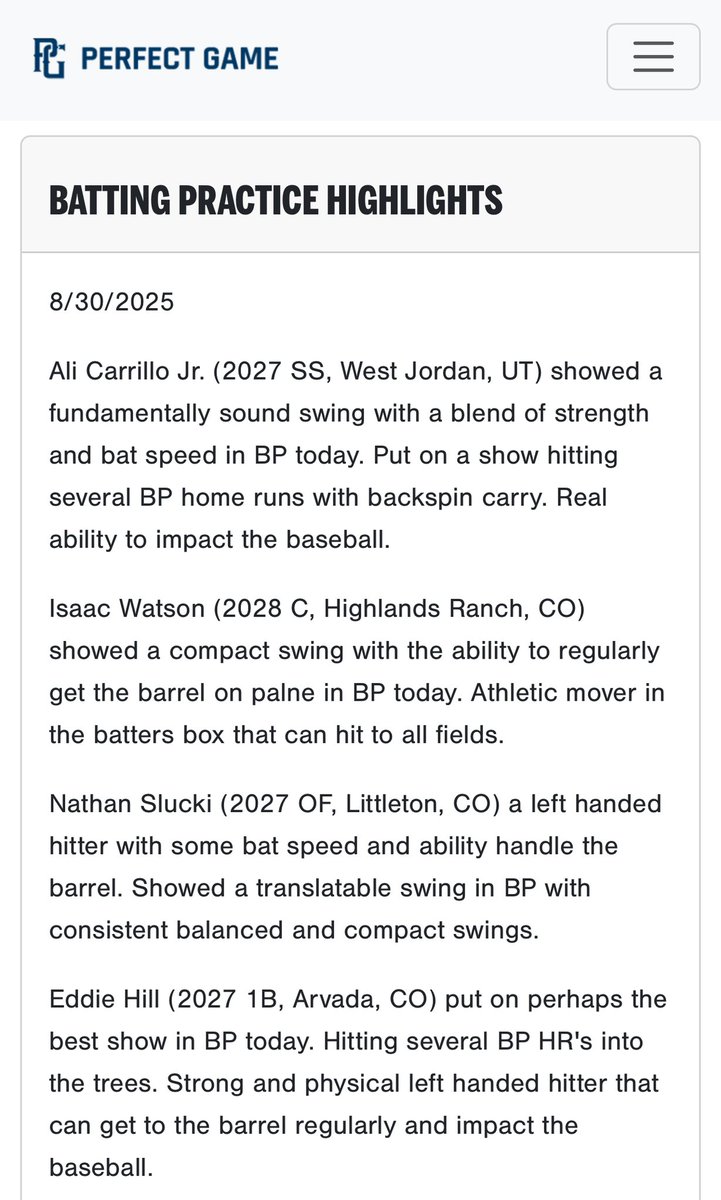 AliCarrilloJr's tweet photo. Ali Carrillo Jr. – Class of 2027
Top Prospect List & Top Prospect Team
2025 PG Rocky Mountain High School All-State Games (Invite Only)
#TopProspect #TopProspectTeam #MLBDraft #ClassOf2027 #PerfectGame #BaseballScouts #uncommited @BravesScoutTeam @DennisSimpson_ @CoachBerg801 https://t.co/PBaIMgQcEM