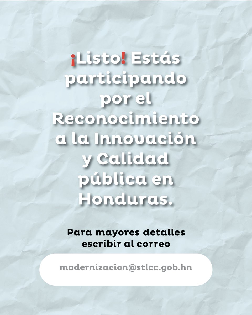 dgma_hn's tweet image. 3/3
📷 ¡Listo! Estás participando por el reconocimiento a la innovación y calidad en la gestión pública en Honduras.
Para más información, escribe a: modernizacion@stlcc.gob.hn
#InnovaciónPública #CalidadEnLaGestión #STLCC #GobiernoDeHonduras #ReconocimientoPúblico
