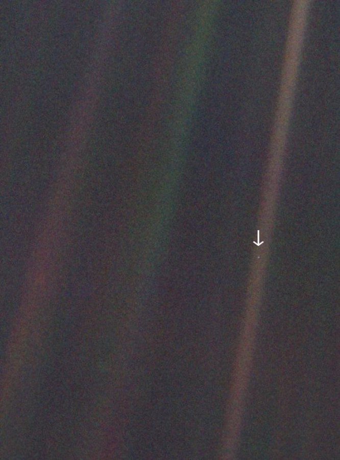 That little dot is Earth about 6 billion kilometres away (3.7 billion miles) taken by Voyager 1 as it was leaving our solar system
NASA