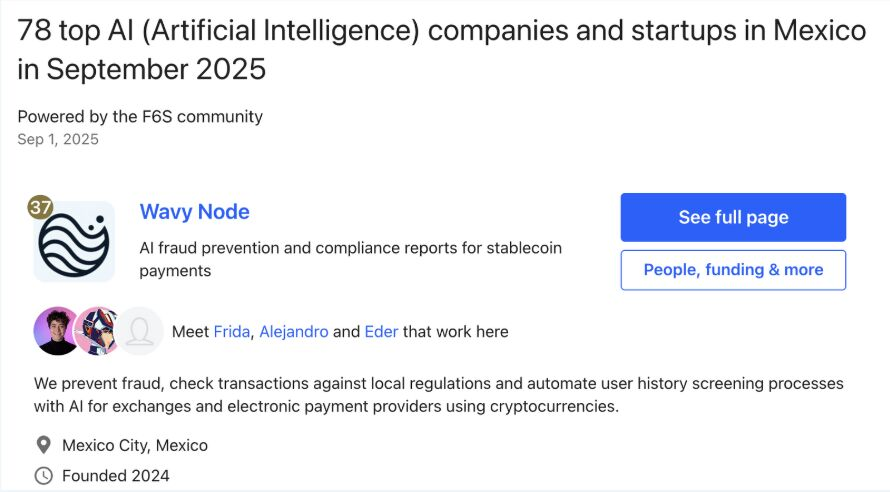 We have been selected by <a href="/f6s/">f6s</a> as one of the top AI companies in Mexico, selected from more than 2 million startups.

Our purpose is to protect companies from million-dollar fines for non-compliance through chain analysis, threshold reports, cross-checking with blacklists.