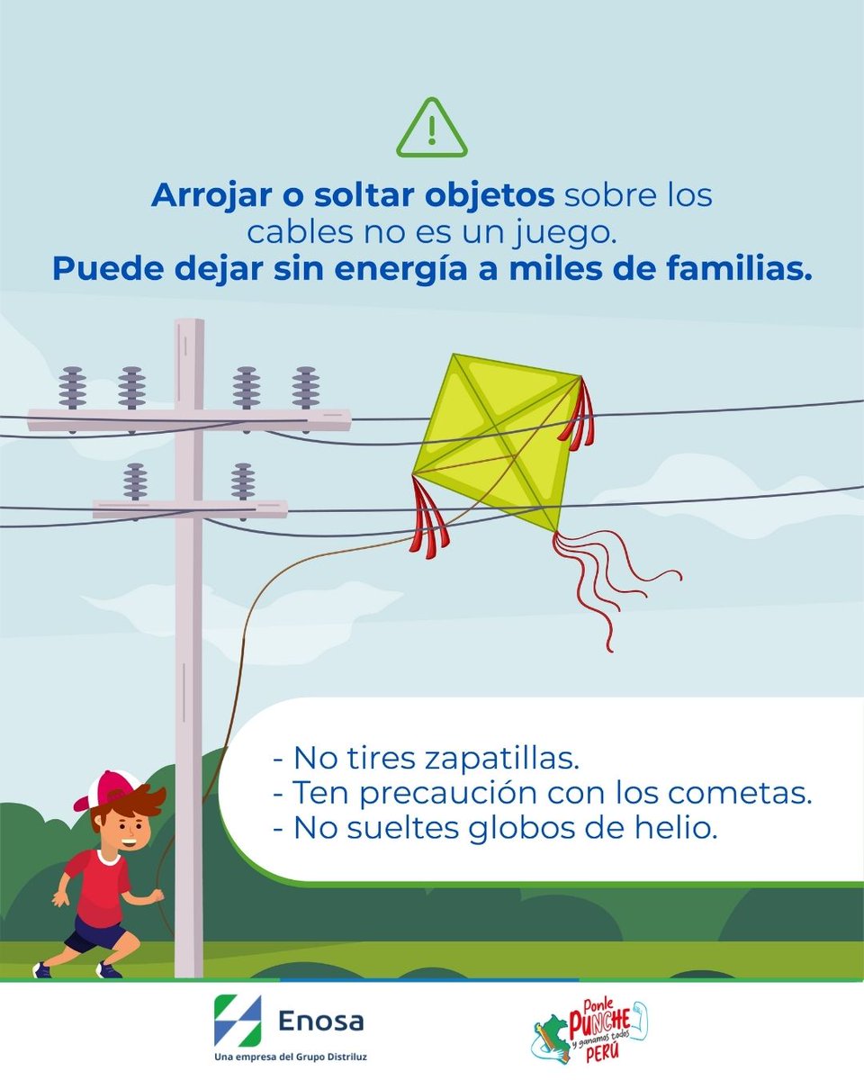EnosaOficial's tweet photo. Que la diversión no se enrede con el peligro. ⚠️ Un simple objeto en un cable puede ser una amenaza. ⚡️ ¿Sabes por qué? Dale un vistazo a este post para conocer el riesgo y comparte este mensaje vital para cuidar a los demás. 📲💖
#Enosa #EstamosContigo #GrupoDistriluz #TrabajamosParaTuDesarrollo