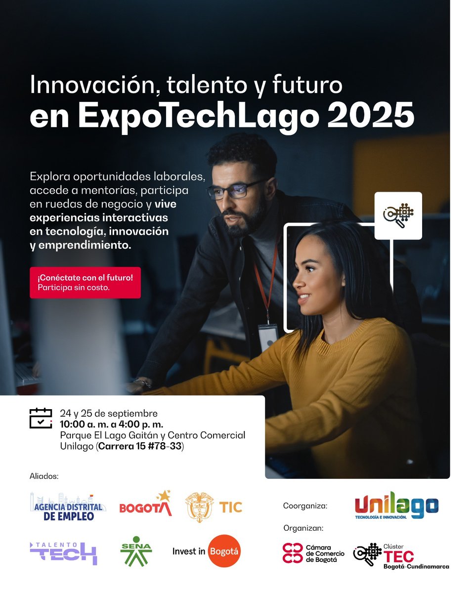 Este miércoles 24 de septiembre de 10 a.m. a 12 m los invitamos <a href="/camaracomerbog/">Cámara de Comercio de Bogotá</a> #ClusterTEC a la inauguración de ExpoTechLago 2025 entre 10:00 a. m. y 12:00 m., en el parque Lago Gaitán.Registro: lnkd.in/ePq8tH6S ¡No te pierdas esta gran vitrina del ecosistema tecnológico