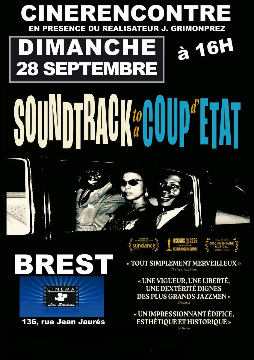 #jazz  #politique #décolonisation s'entremêlent dans ce grand huit  historique qui réécrit un incroyable épisode de la guerre froide 🎷Un  doc à découvrir au  cinéma Les Studios à Brest  dimanche 28 septembre  16h00 en présence du réalisateur J.Grimonprez #brest  <a href="/PascaledeBrest/">Pascale de Brest</a>