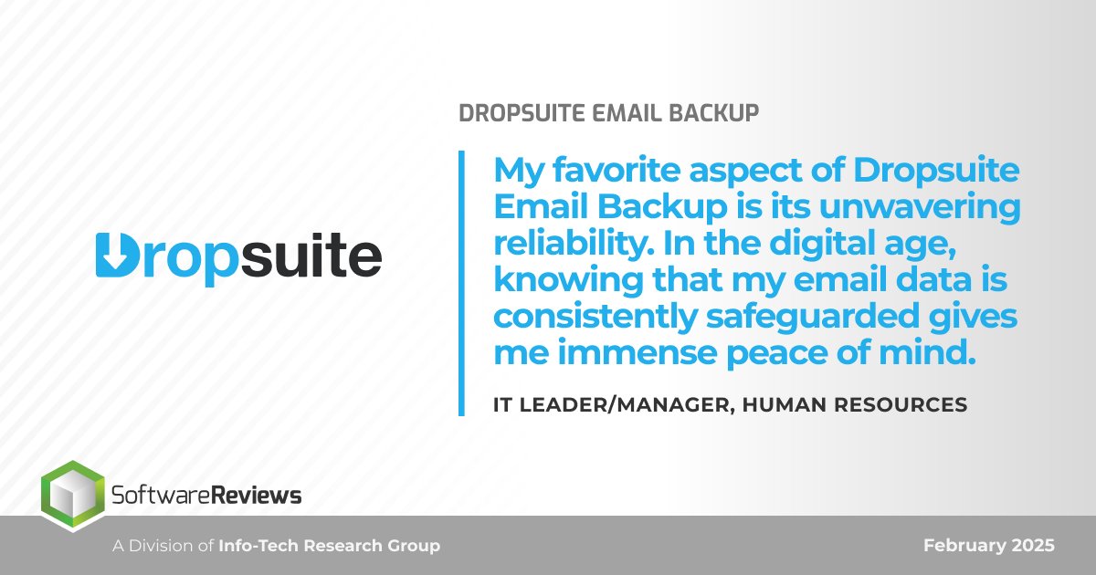 dropsuite's tweet image. Peace of mind isn’t a feature — it’s a result.

That’s why #IT leaders trust Dropsuite Email Backup to safeguard #EmailData with reliability that never wavers.

Discover why: ow.ly/7uQU50WU5kM