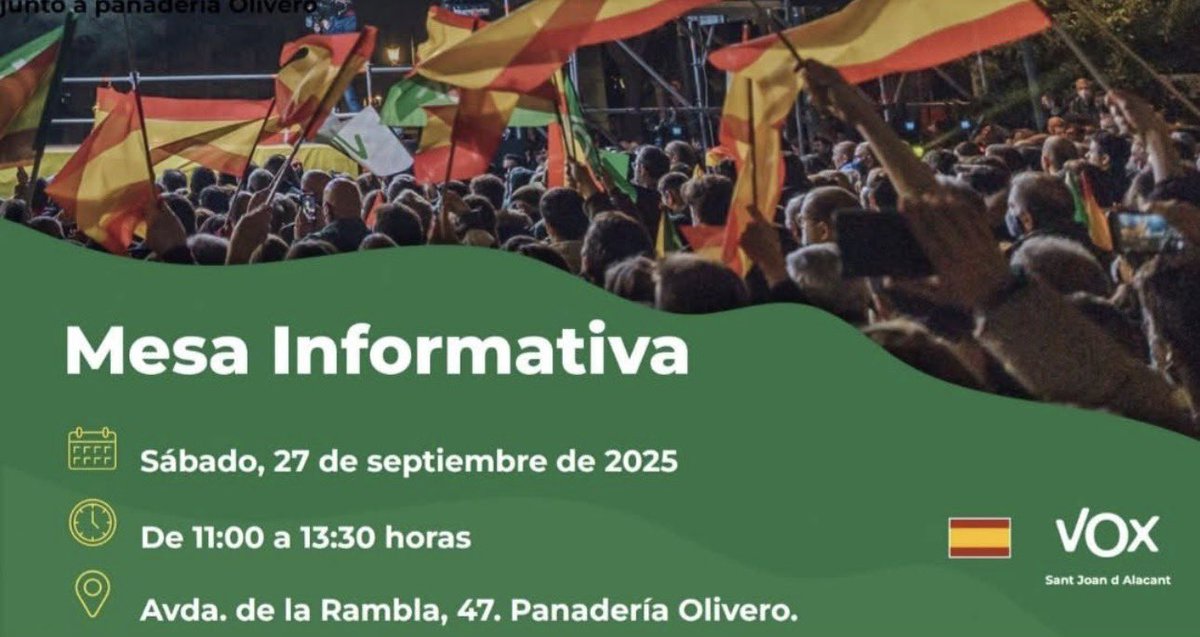 Os esperamos el próximo día 27 de septiembre, de 11.00 a 13.30, en Avda. De la Rambla 47,al lado de la Panadería Olivero, en San Juan de Alicante.
🇪🇸💚