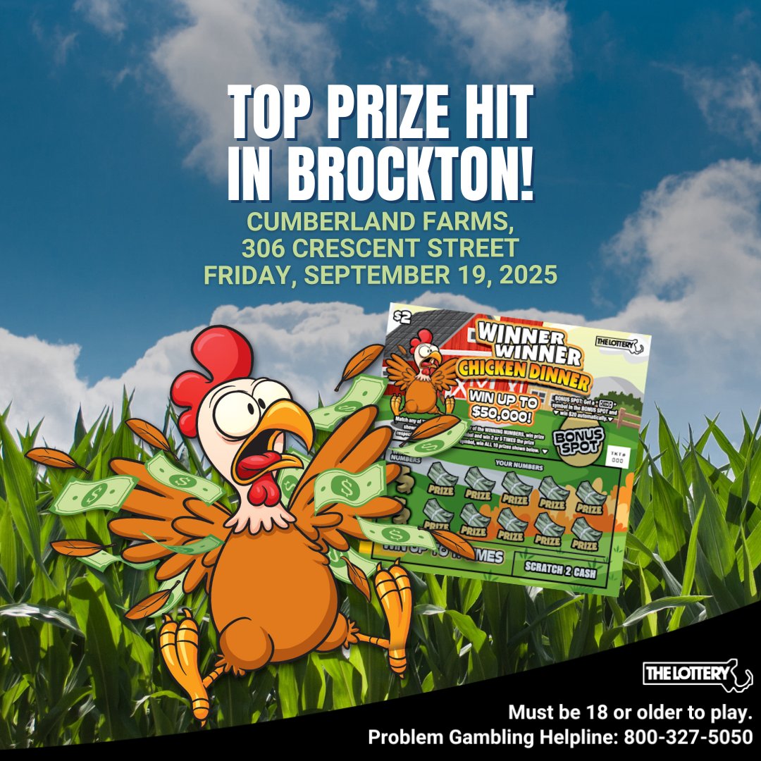 Winner Winner Chicken Dinner ($2) top prize hit in Brockton 🎉 Egg-cellent!

Recent winners &gt; ow.ly/QCT450X0po7

#MassLottery
#Lottery
#InstantTicket
#ScratchTicket
#WinnerWinnerChickenDinner
#Winning
#Brockton
#Massachusetts