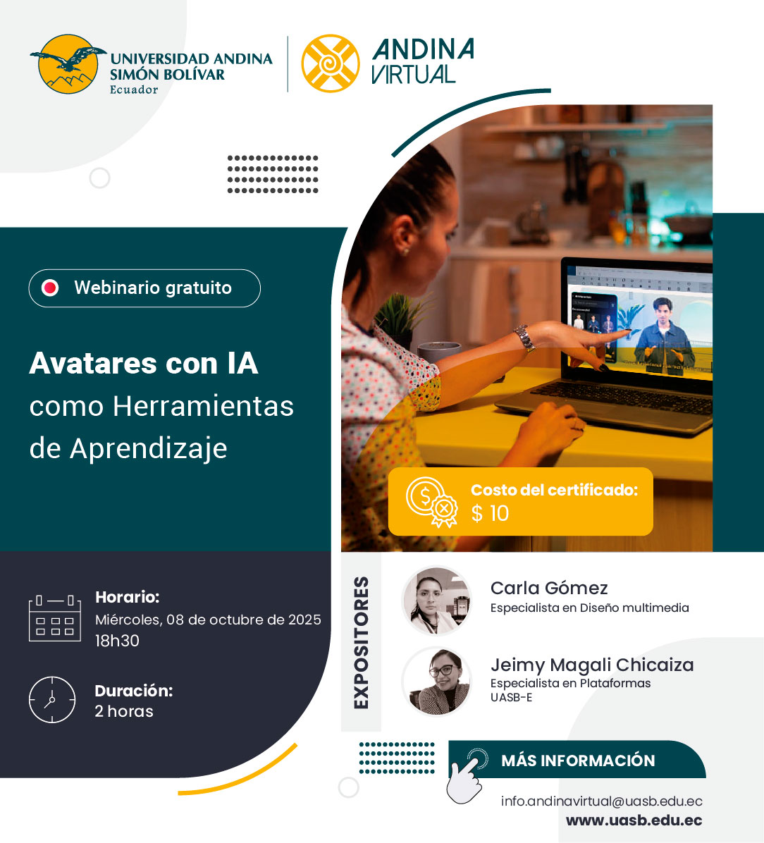 FormAndinaEc's tweet image. 👩‍🏫 ¿Te imaginas aprender con un avatar creado por ti?
En este webinario, te enseñaremos a convertir tu creatividad en una herramienta educativa con IA
🗓️ Miércoles 08 de octubre | 🕡 18h30
🔗 Inscríbete aquí: bit.ly/46gPahj
📧 info.andinavirtual@uasb.edu.ec
@uasbecuador