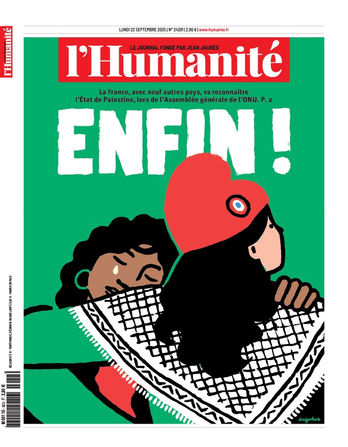 Generations_20e's tweet photo. @EmmanuelMacron  @francediplo 
Enfin ! Après 70 ans, la #France reconnait l Etat palestinien. Une belle victoire humaniste et légitime.  
Enfin ! Vs redonnez 1 grandeur à la #France à travers le monde .
Et pr cadeau, magnifique Une de @humanite_fr #Palestine
#FreePalestine https://t.co/mUM1kHPhdR