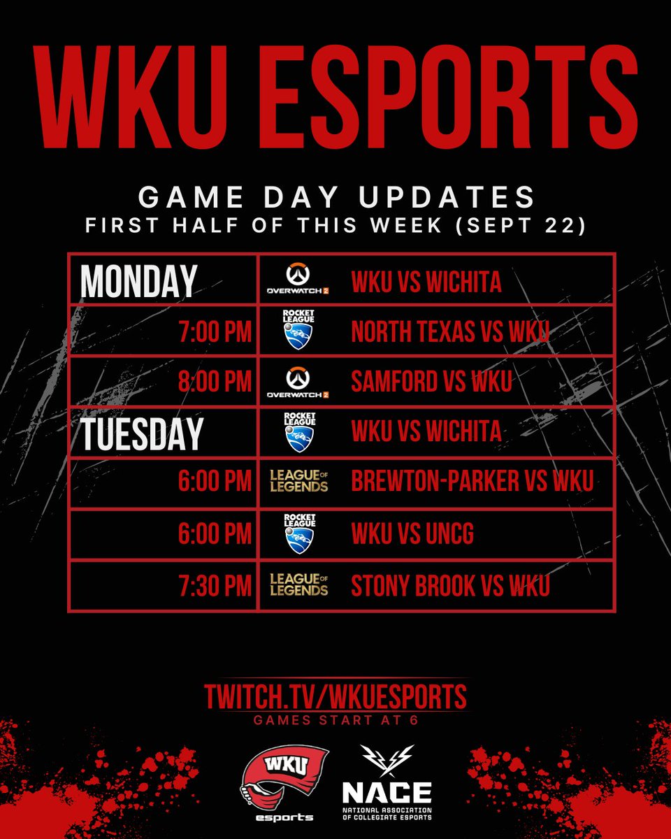 Here are the games and times for Monday and Tuesday of this week's games in <a href="/NACEsports/">NACE</a>! 

Games start at 6:00 pm. Tune in to see which team is livestreaming those days! 

Go Tops!!
