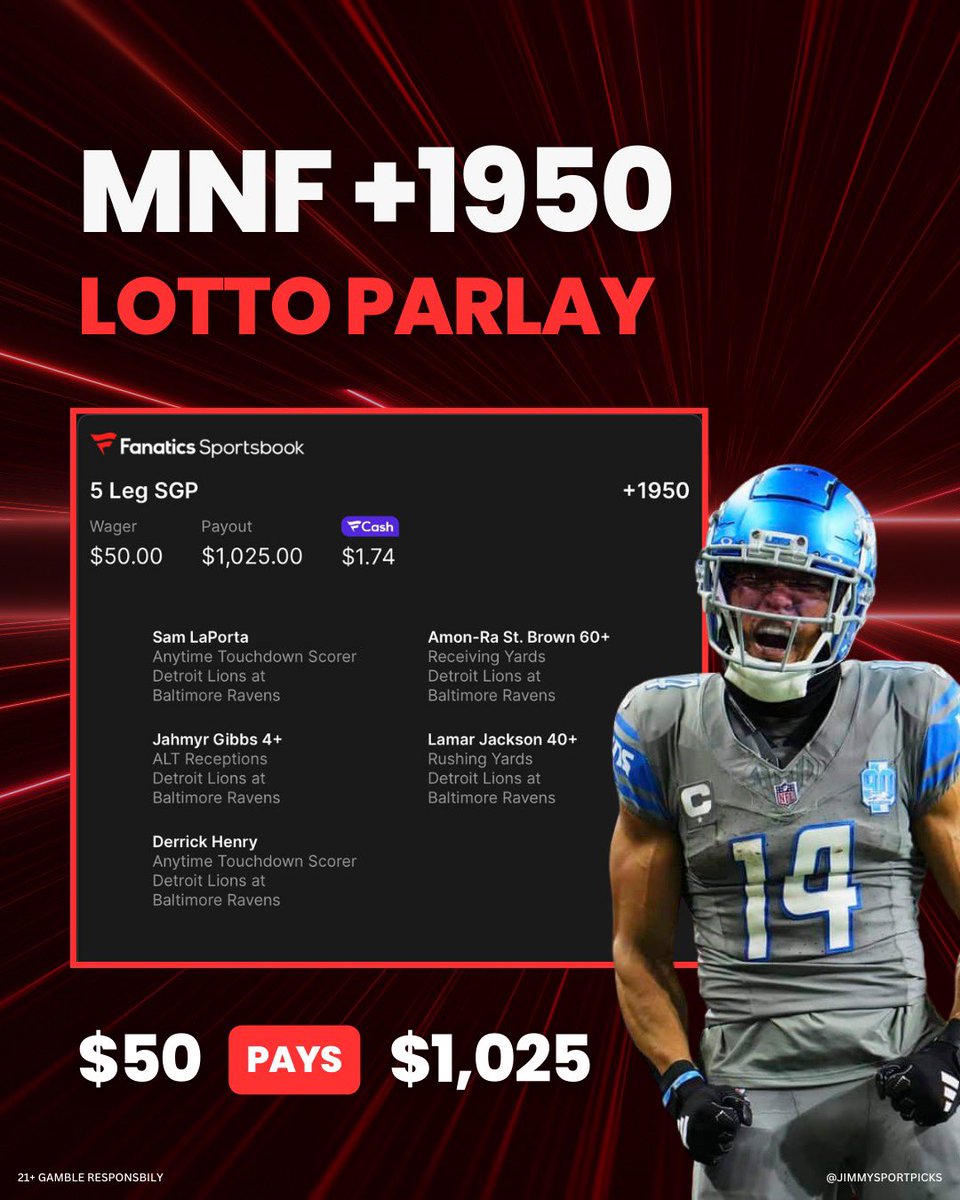 JimmySportPicks's tweet photo. 💥 My MNF Lotto!

+1950 odds. Let’s see some offense tonight!

🎁 Bet $10 &amp; Get $100
in fan cash here: https://t.co/b17sDj58dI

21+ Gamble Responsibly | T&amp;C’s Apply https://t.co/E0IGsqVXvz
