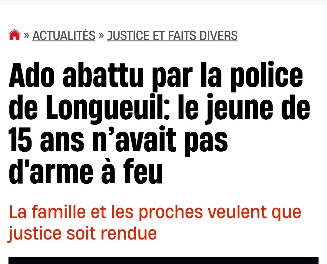 La Police de Longueuil tue un enfant de 15ans. C'est inacceptable. Où sont les réactions des responsables de la gauche ? @quebecso ? 

La gauche doit dénoncer ce meurtre abominable. Ça devrait etre un scandale national. 

Biensur on attend pas une réaction de la CAQ qui ne vas