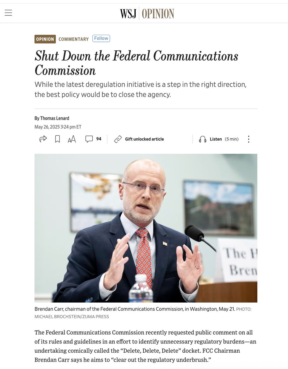 techpolicyinst's tweet image. ICYMI: Shut Down the Federal Communications Commission, by Thomas Lenard, published in The Wall Street Journal on May 26, 2025: &quot;A license to use the electromagnetic spectrum shouldn’t be an invitation for the FCC to expand the agency’s regulatory authority or to put a particular…