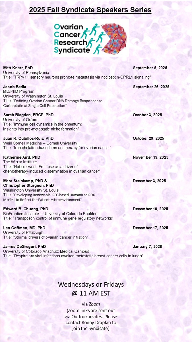Penn Ovarian Cancer Research Center (@penn_ocrc) on Twitter photo Excited to share the Ovarian Cancer Research Syndicate line-up for the fall. Please share. We have amazing trainees presenting and the latest from leaders in the field.
<a href="/bitlerlabucd/">Ben Bitler</a> <a href="/DiFeoLab/">Analisa DiFeo</a> <a href="/WAGO_org/">Western Association of Gynecologic Oncologists</a> <a href="/ocrahope/">Ovarian Cancer Research Alliance</a> <a href="/BasserBRCA/">BasserBRCA</a> <a href="/TheWistar/">The Wistar Institute</a> <a href="/airdlab/">Katherine Aird</a> <a href="/OvCaAcademy/">Ovarian Cancer Academy</a> <a href="/DNasioudis/">Dimitrios Nasioudis</a> <a href="/achuthz/">Achuth Padmanabhan</a> Excited to share the Ovarian Cancer Research Syndicate line-up for the fall. Please share. We have amazing trainees presenting and the latest from leaders in the field.
<a href="/bitlerlabucd/">Ben Bitler</a> <a href="/DiFeoLab/">Analisa DiFeo</a> <a href="/WAGO_org/">Western Association of Gynecologic Oncologists</a> <a href="/ocrahope/">Ovarian Cancer Research Alliance</a> <a href="/BasserBRCA/">BasserBRCA</a> <a href="/TheWistar/">The Wistar Institute</a> <a href="/airdlab/">Katherine Aird</a> <a href="/OvCaAcademy/">Ovarian Cancer Academy</a> <a href="/DNasioudis/">Dimitrios Nasioudis</a> <a href="/achuthz/">Achuth Padmanabhan</a>