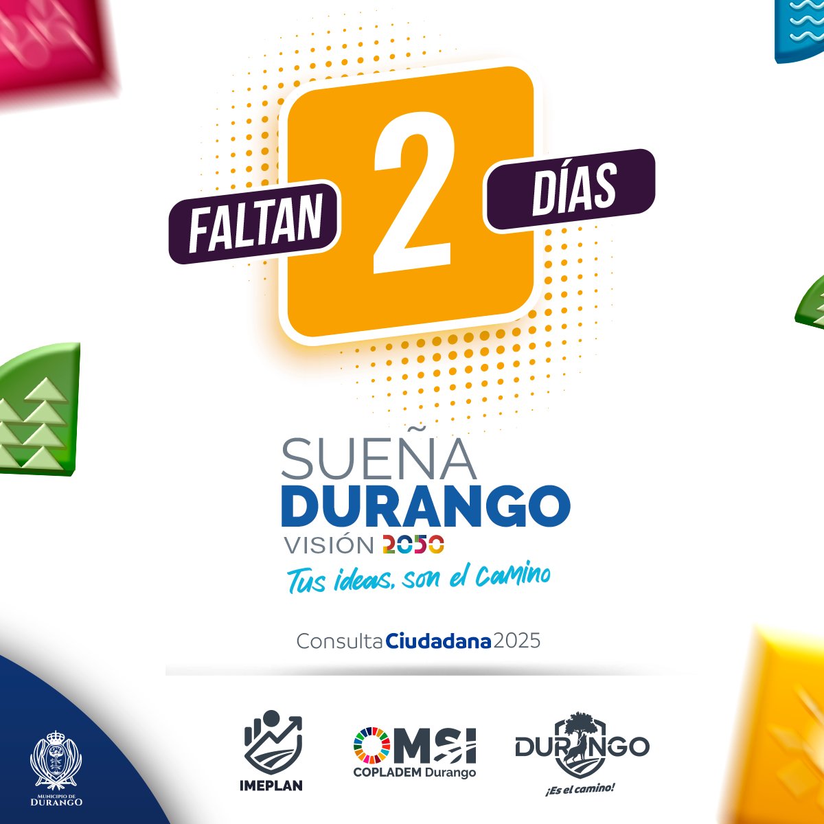 ❓¿Cómo imaginas el futuro de Durango?

🚀En solo 2 días arranca la #ConsultaCiudadana2025. Tu voz será parte del camino que todos construimos. 🗳️💬