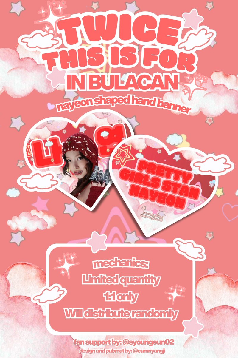 syoungeun02's tweet photo. Pretty girls stan nayeon 💅🏻
Fan support by: @syoungeun02 

NAYEON HEART-SHAPED HAND BANNER

—limited qty
—1:1 
—open for trades 

WHEN: Oct 04 2025
WHERE: Tba

ty for the design and pubmat, @eumnyangji ~

t. twice this is for bulacan nayeon handbanner jeongmosahyomidahchaetzu https://t.co/zUPjTcwEX1