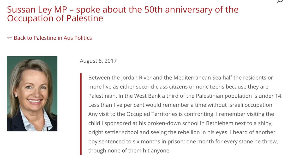 Aaronsmith333's tweet image. Gideon, it’s worth knowing in 2017 Sussan Ley stood in Australia’s Parliament condemning 50 years of occupation, child prisoners, second-class citizenship and the haunting erasure of Palestinian communities.

She’s now appeasing genocide supporters in her party to save herself.