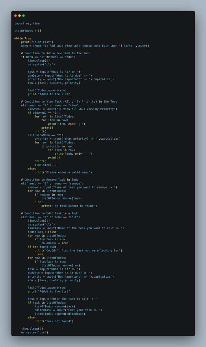 dkingony's tweet image. Day 45 of 100
Project Day 👨🏾💻
Today, I worked on an exciting challenge ("To-do App").
With Dynamic 2D Lists and more, I wrote a working to-do program to add, view, remove and edit tasks.
It was quite fun and tedious building this😁
#Replit100DaysOfCode #python #100DaysOfCode