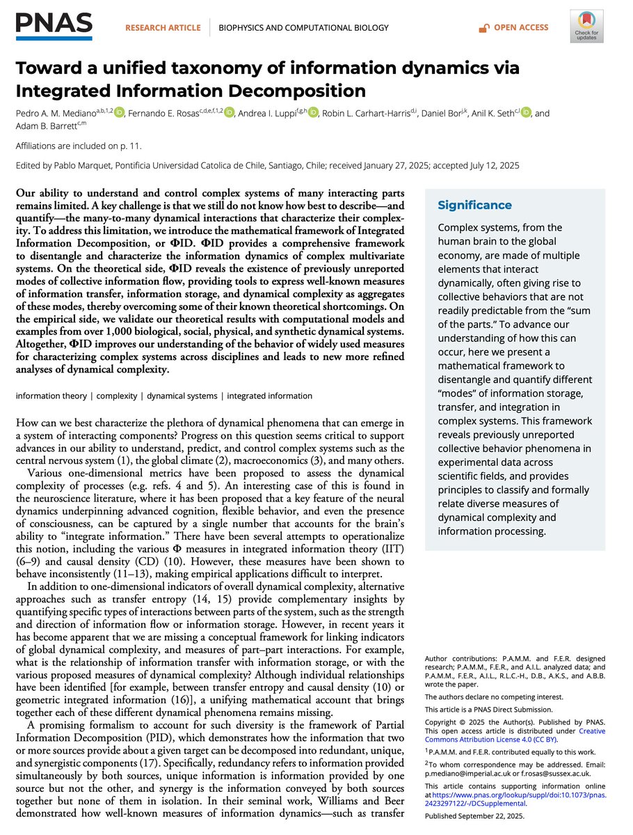 Anil Seth (@anilkseth) on Twitter photo New paper! Toward a unified taxonomy of information dynamics via Integrated Information Decomposition, out now in <a href="/pnas/">pnas</a> - led by Fernando Rosas,<a href="/PedroMediano/">Pedro Mediano</a> , & Adam Barrett, w/ Andrea Luppi, <a href="/RCarhartHarris/">Robin Carhart-Harris</a>, me, & Dan Bor. pnas.org/doi/epdf/10.10… New paper! Toward a unified taxonomy of information dynamics via Integrated Information Decomposition, out now in <a href="/pnas/">pnas</a> - led by Fernando Rosas,<a href="/PedroMediano/">Pedro Mediano</a> , & Adam Barrett, w/ Andrea Luppi, <a href="/RCarhartHarris/">Robin Carhart-Harris</a>, me, & Dan Bor. pnas.org/doi/epdf/10.10…