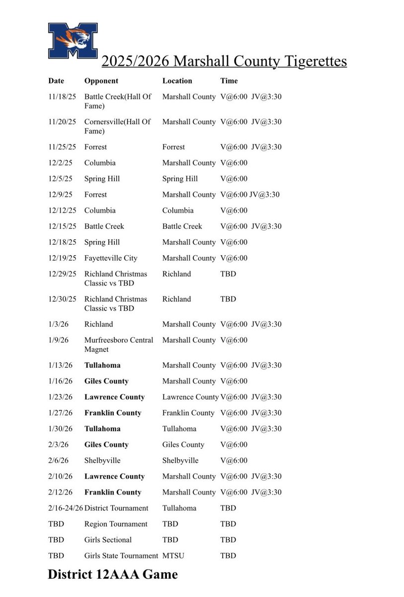 2025/2026 MCHS Tigerettes basketball schedule! Let’s go Tigerettes!