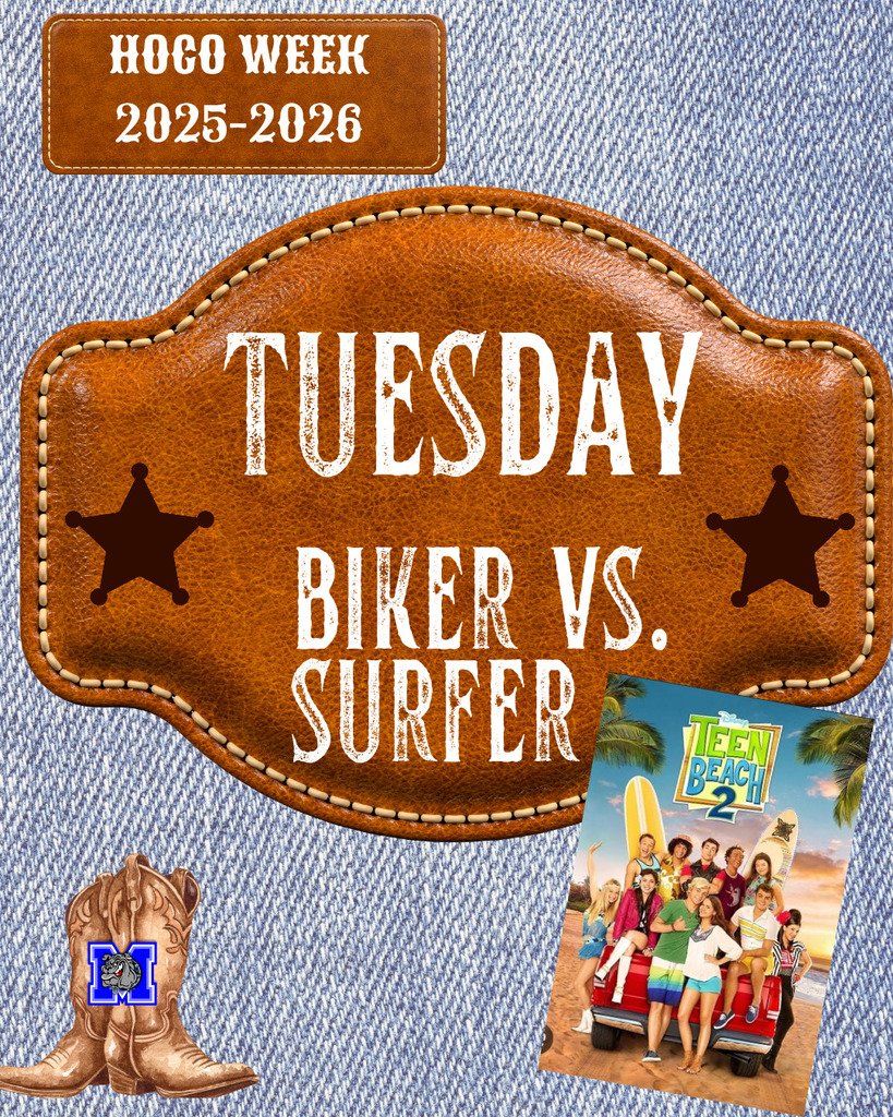 MilfordISD's tweet image. Day 2: Teen Beach Tuesday 🌊🏍️
From the Disney Movie Teen Beach…
Are you Team Biker 🏍️ or Team Surfer 🏄‍♀️?
Show us your style, Bulldogs! 💙🤍
#HOCOWeek #BulldogWay #FN5GL #SWEEPSTAKES #MILFORDBULLDOGS