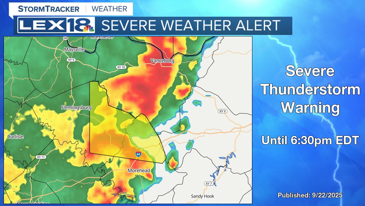 From LEX18 Weather Severe Thunderstorm Warning for Fleming and Rowan County until 6:30pm EDT. Stay Weather Aware with LEX 18. #kywx