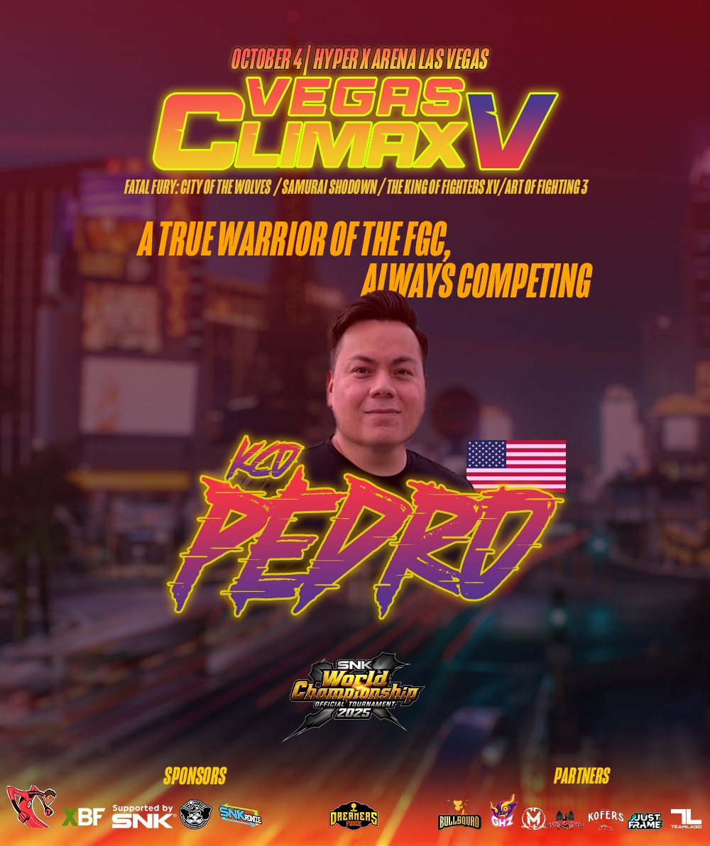 itzRomance's tweet image. #VegasClimaxV Coming all the way from Colorado to the city of lights 🌆🎰 Las Vegas — one of the true warriors of the FGC, KCO Pedro. 
A longtime supporter &amp;amp; competitor in every era of The King of Fighters — XIII, XIV, XV — and now also a strong force in Fatal Fury: City of the…