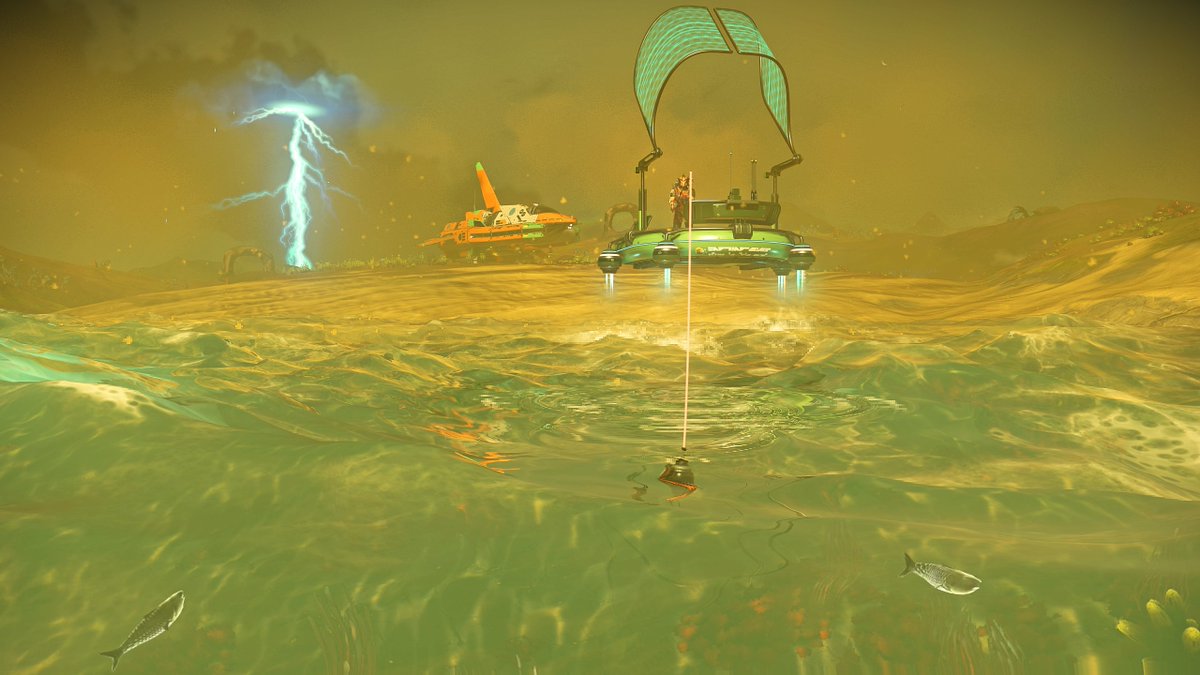 Back to chilled exploration in a fast old ship that suits my mood. The colours and reflections are hallucinogenic. Then I take in some night storm fishing. #NoMansSky