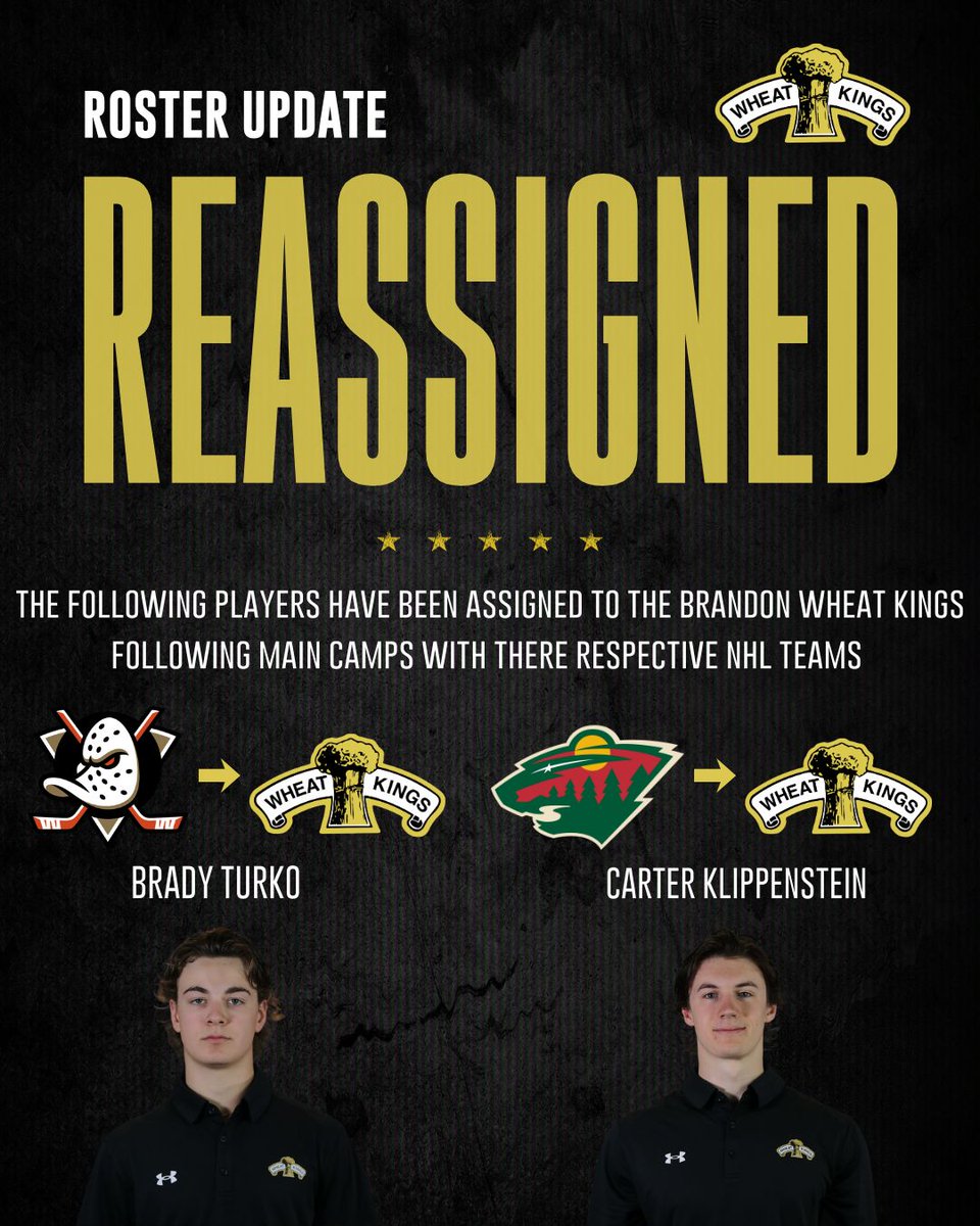 Wheat King Country🌾
Welcome back Brady Turko &amp; Carter Klippenstein after NHL main camps. Catch them &amp; the rest of your Wheat Kings at the Back to School Bash 🏒 Sat, Sept 27 | 6 PM vs. Prince Albert Raiders!

tickets - loom.ly/DWErvGs