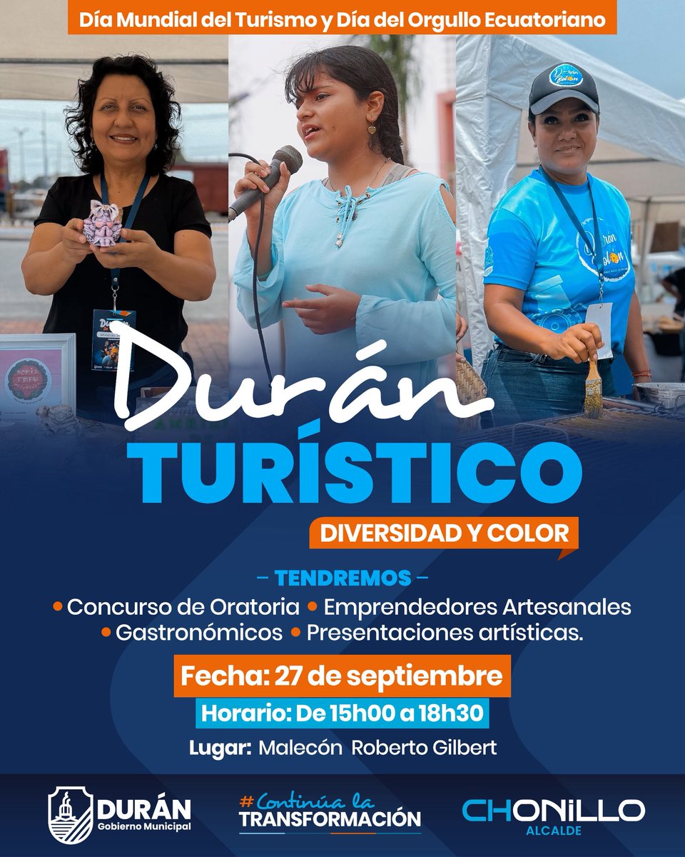 Gobierno Municipal de Durán (@gobiernodeduran) on Twitter photo En el marco del Día Mundial del Turismo y el Día del Orgullo Ecuatoriano, Durán se llena de diversidad y color con un evento que celebra nuestra identidad y talento.
📅 Fecha: 27 de septiembre
🕒 Hora: 15h00 a 18h30
#ContinúaLaTransformación En el marco del Día Mundial del Turismo y el Día del Orgullo Ecuatoriano, Durán se llena de diversidad y color con un evento que celebra nuestra identidad y talento.
📅 Fecha: 27 de septiembre
🕒 Hora: 15h00 a 18h30
#ContinúaLaTransformación