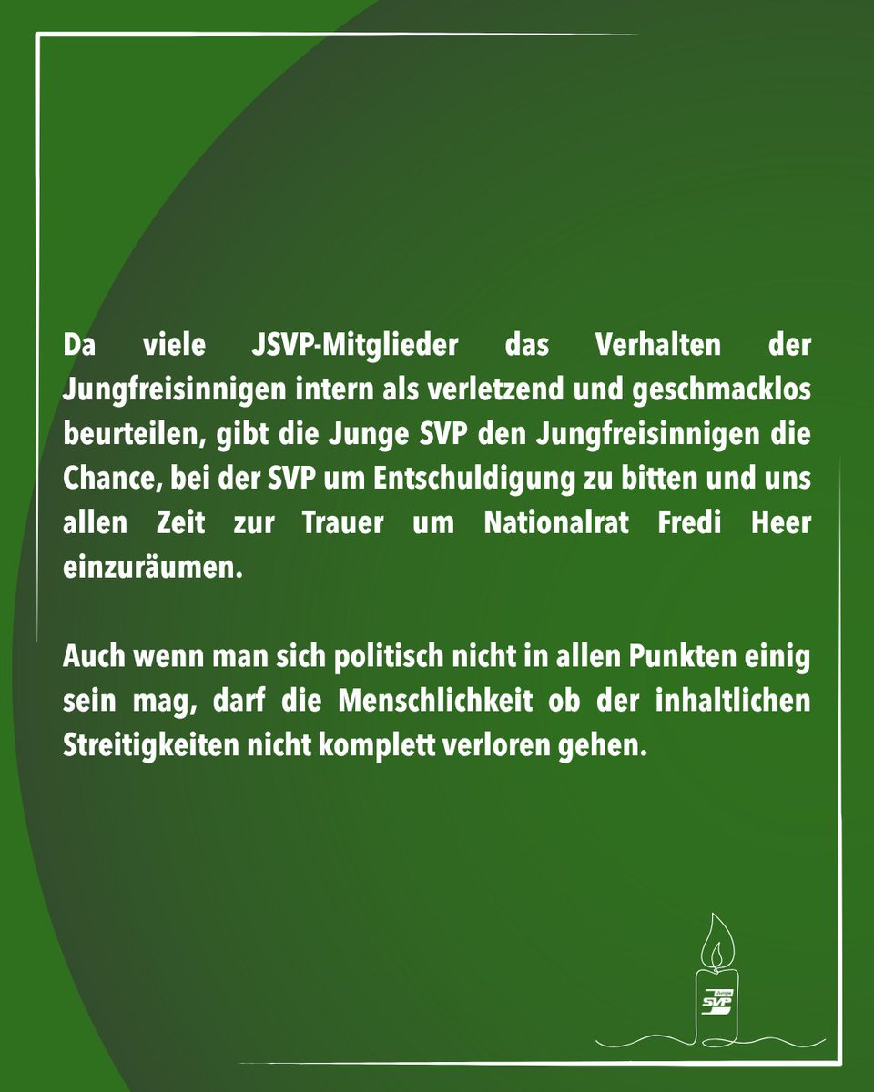 Geschmacklose Aktion der <a href="/Jungfreisinnige/">Jungfreisinnige Schweiz</a> Schweiz!

Wo bleibt die Menschlichkeit?

Wir trauern um unseren Nationalrat, unseren Freund, Begleiter und politischen Mitstreiter.

Alfred Herr, 1961 - 2025